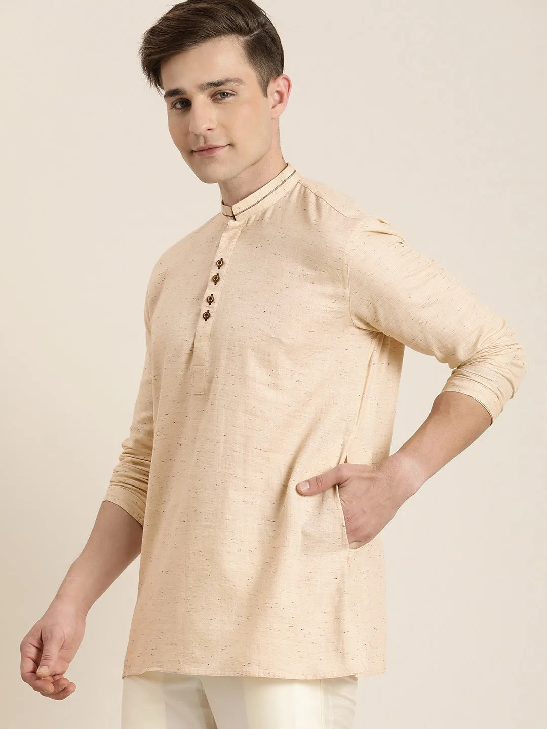 Jashvi Men's Beige Pure Cotton Short Kurta