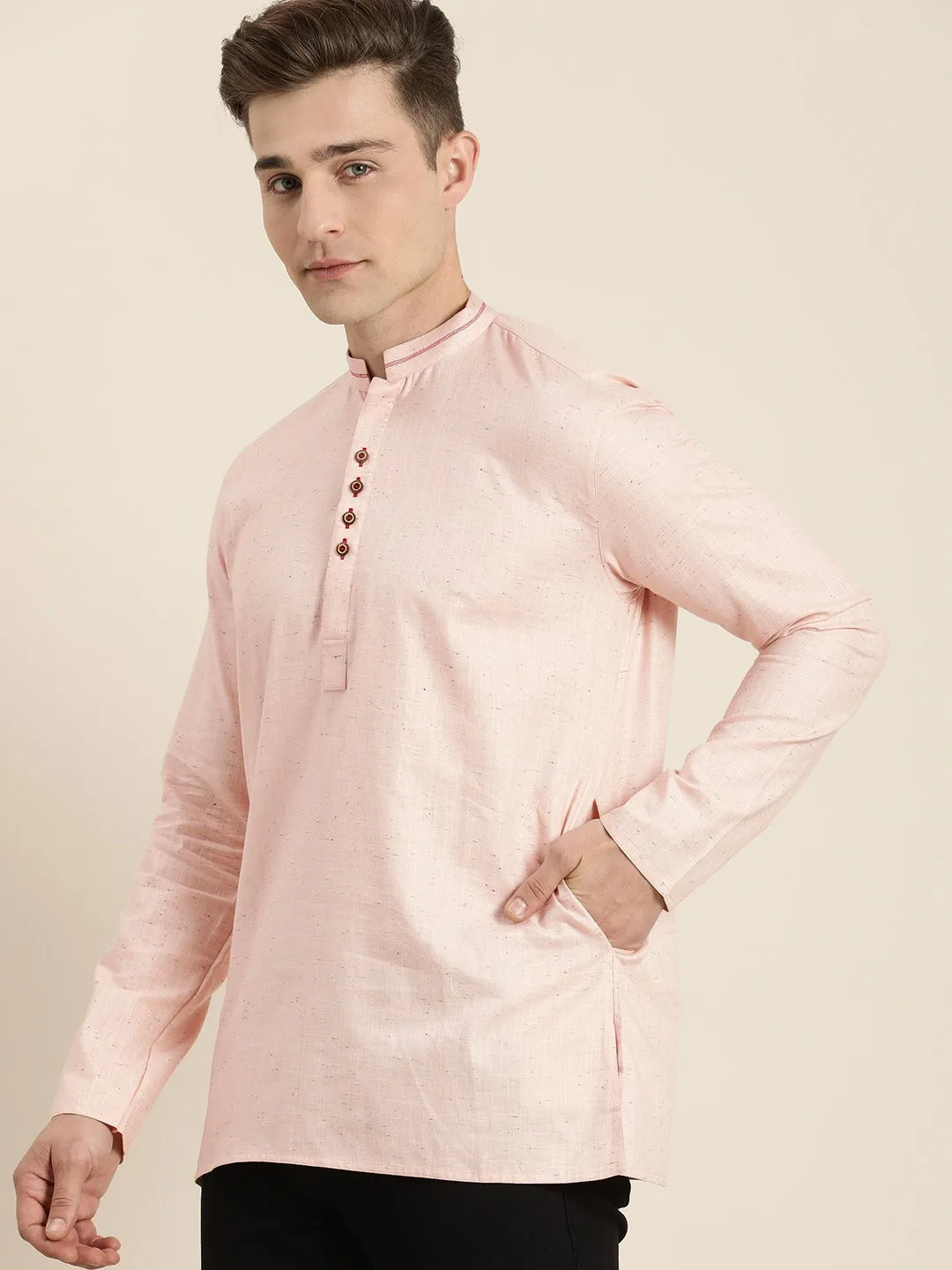 Jashvi Men's Pink Pure Cotton Short Kurta