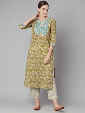 Jashvi Pastel green Floral Printed Cotton kurta Pant Set