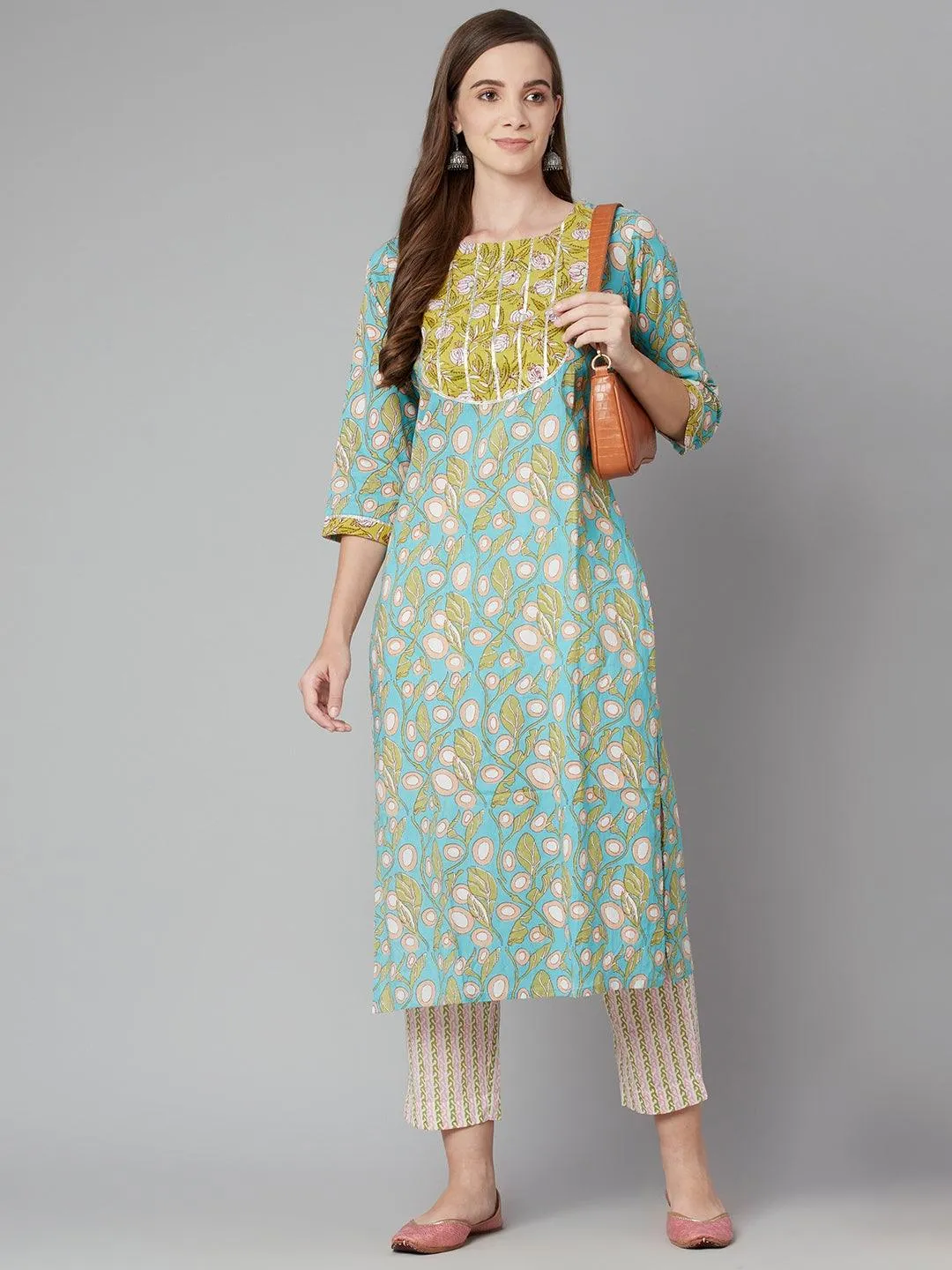 Jashvi Sky blue Floral Printed Cotton kurta Pant Set