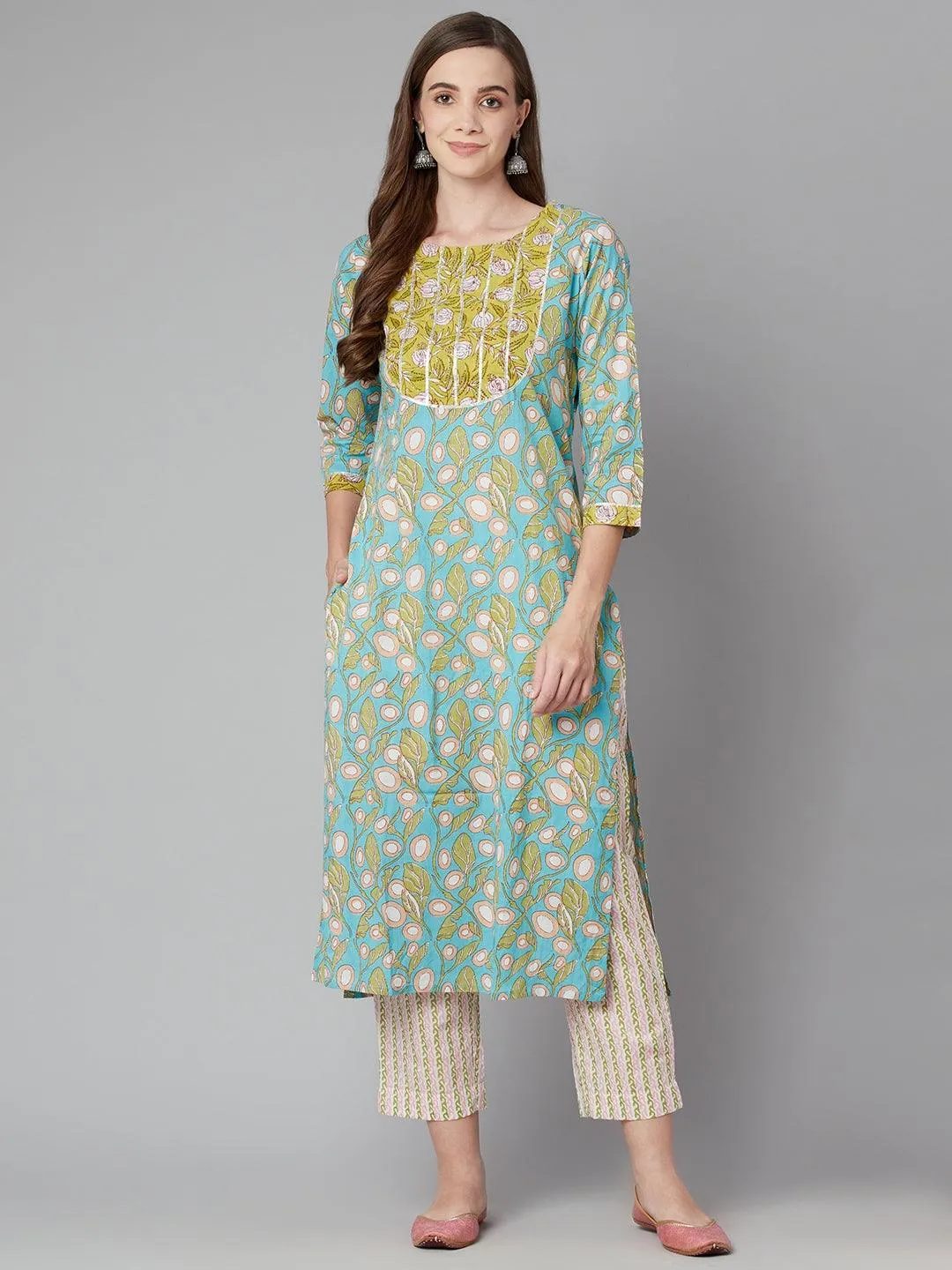 Jashvi Sky blue Floral Printed Cotton kurta Pant Set