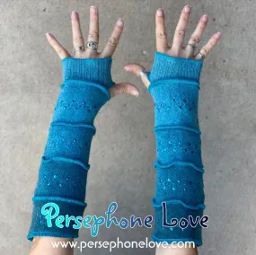 Katwise inspired needle-felted teal100% cashmere upcycled sweater arm warmers SEQUINS-1454