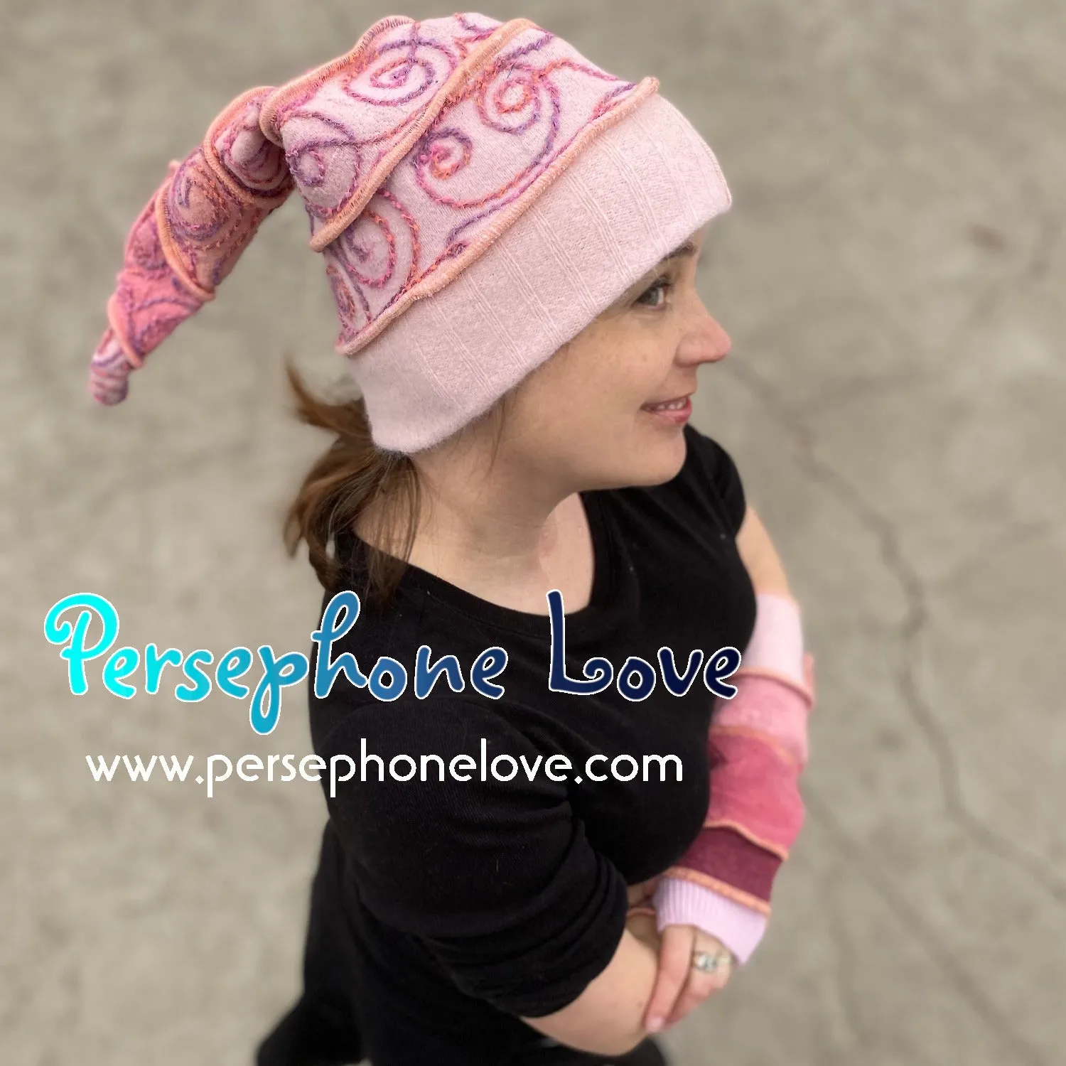 Katwise inspired peach rose silly-string recycled patchwork sweater pixie elf wizardy hat-1393