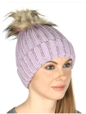 Knit beanie with studs and faux fur pom - Lavender