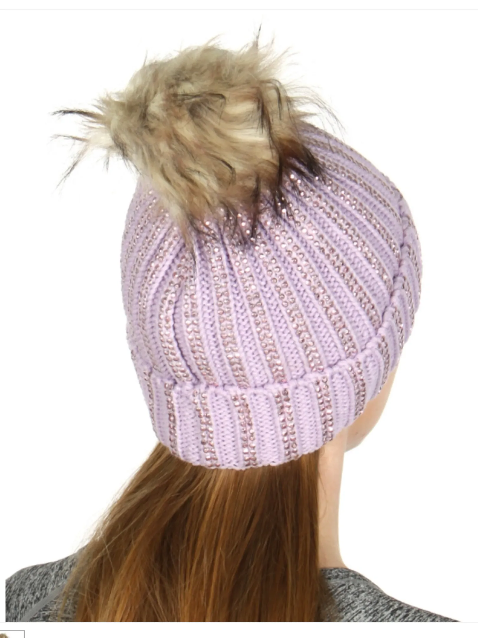 Knit beanie with studs and faux fur pom - Lavender