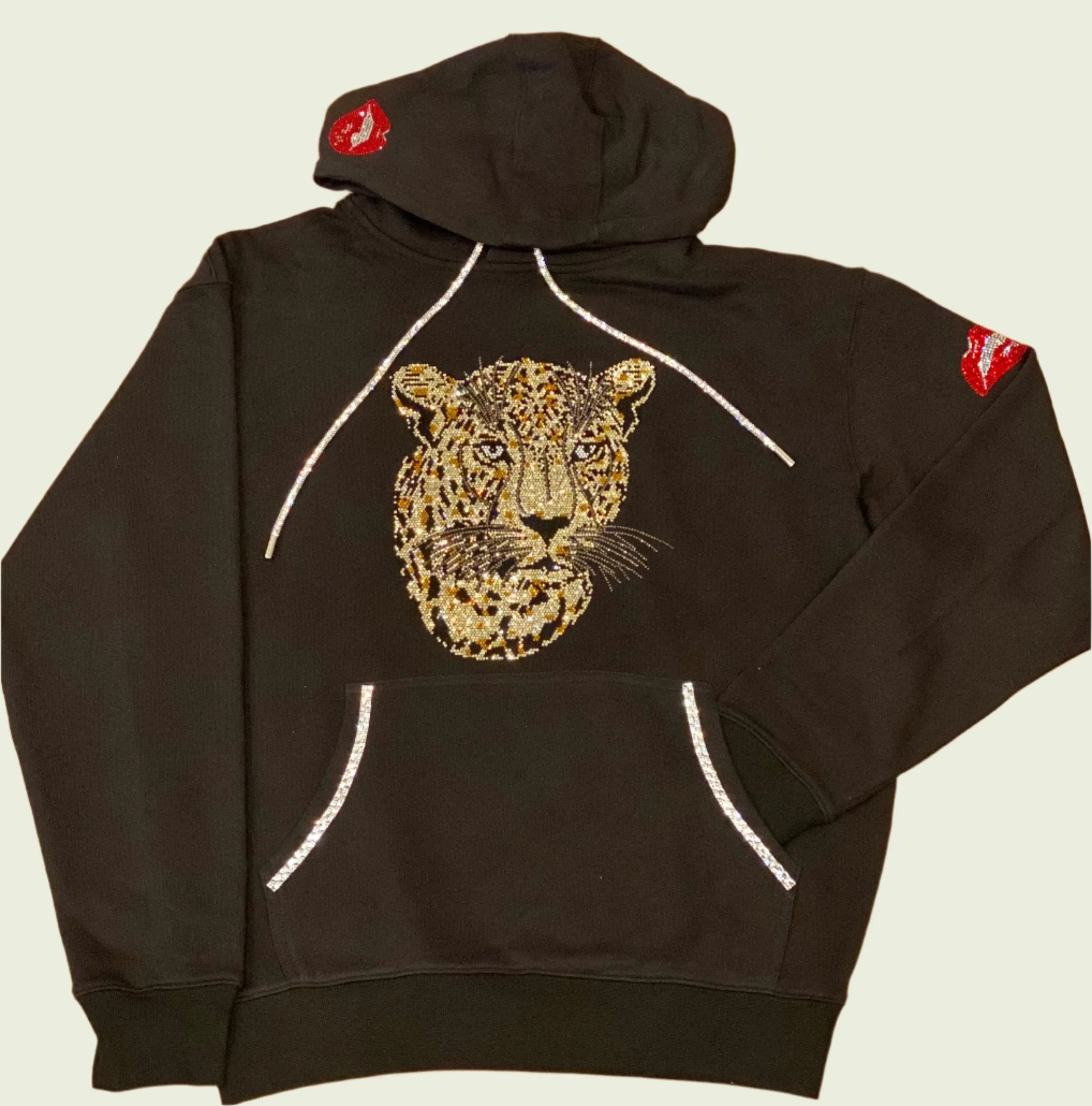 Leopard in Front and Wings On Back Black Hoodie with Crystal Shoelace Tie