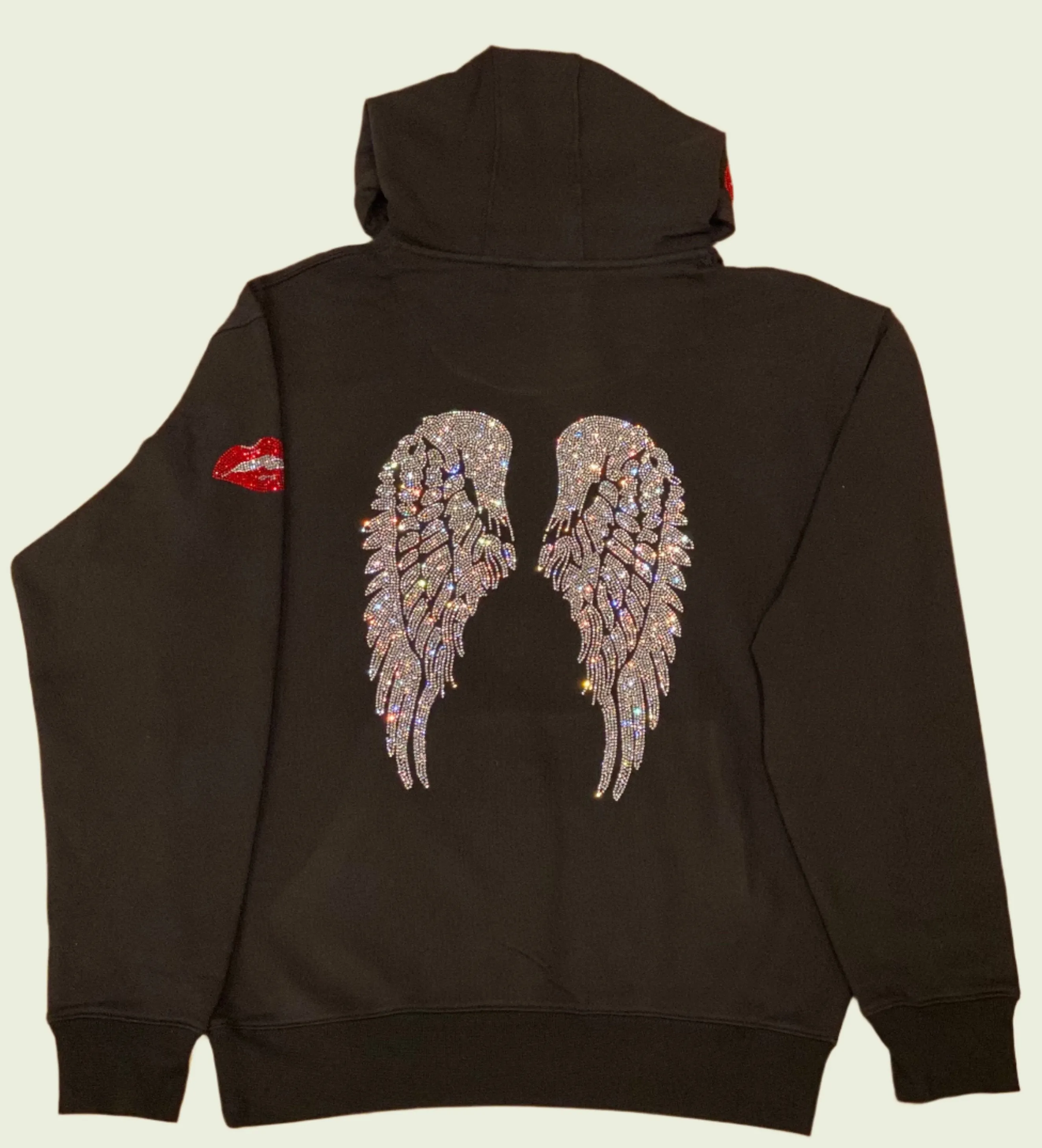 Leopard in Front and Wings On Back Black Hoodie with Crystal Shoelace Tie