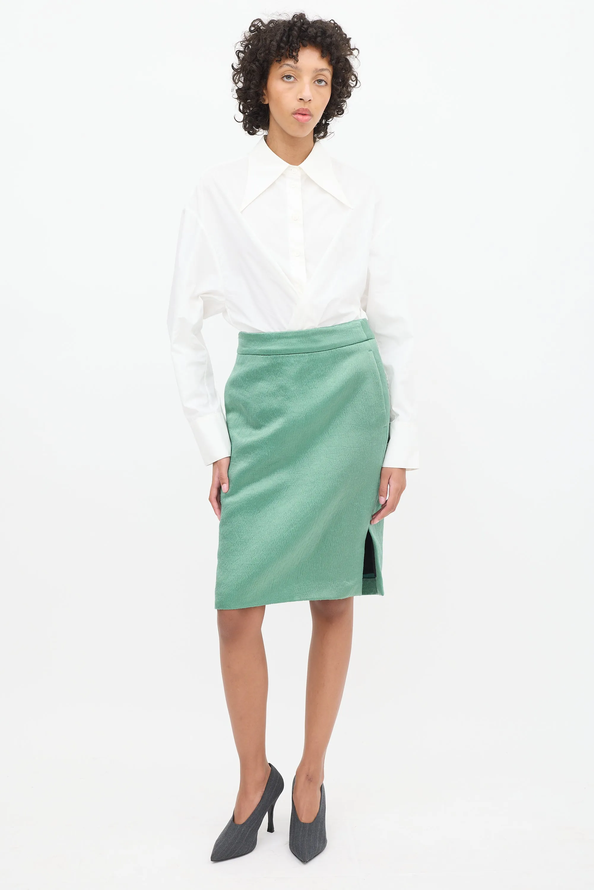 Light Green Puckered Midi Skirt