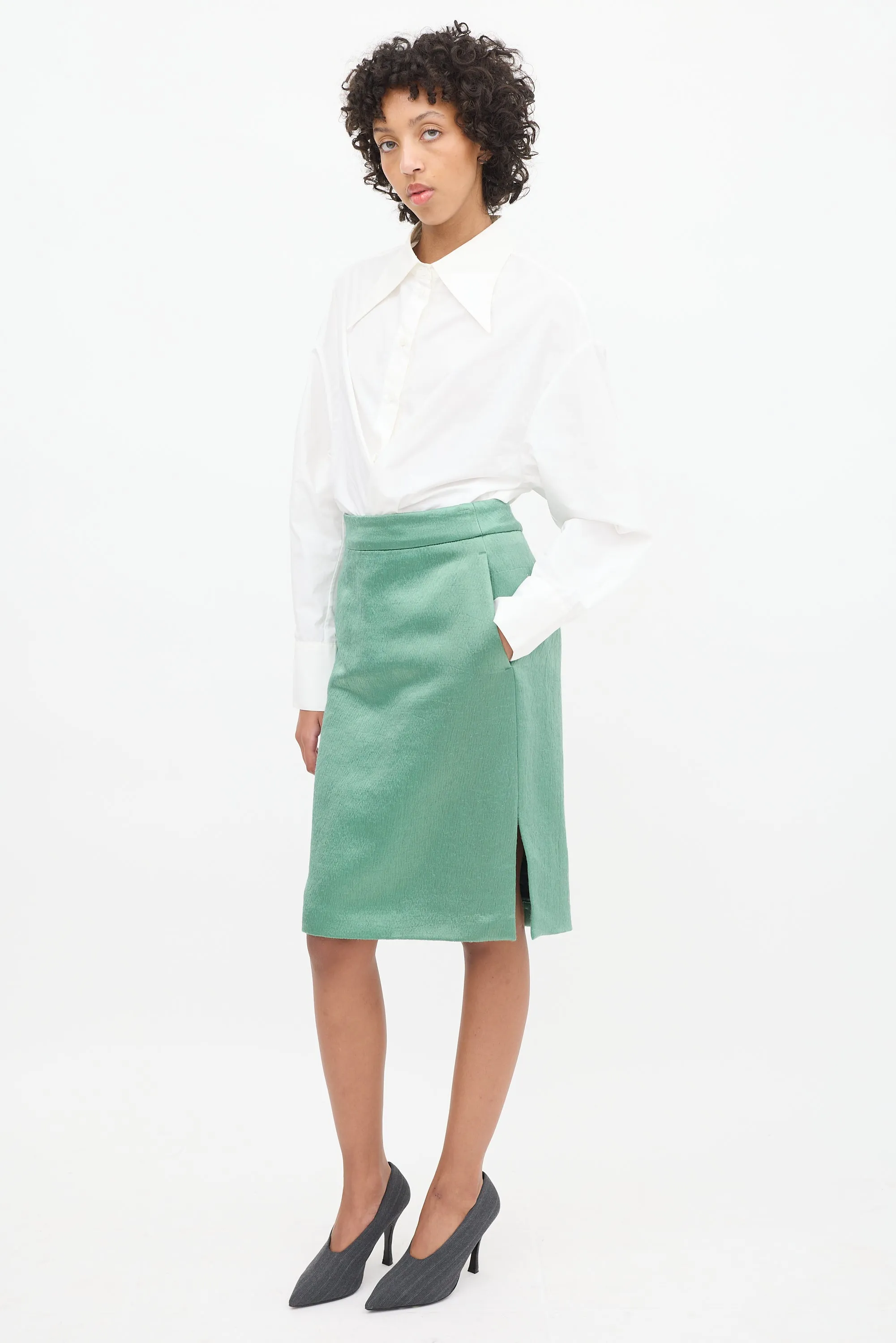 Light Green Puckered Midi Skirt