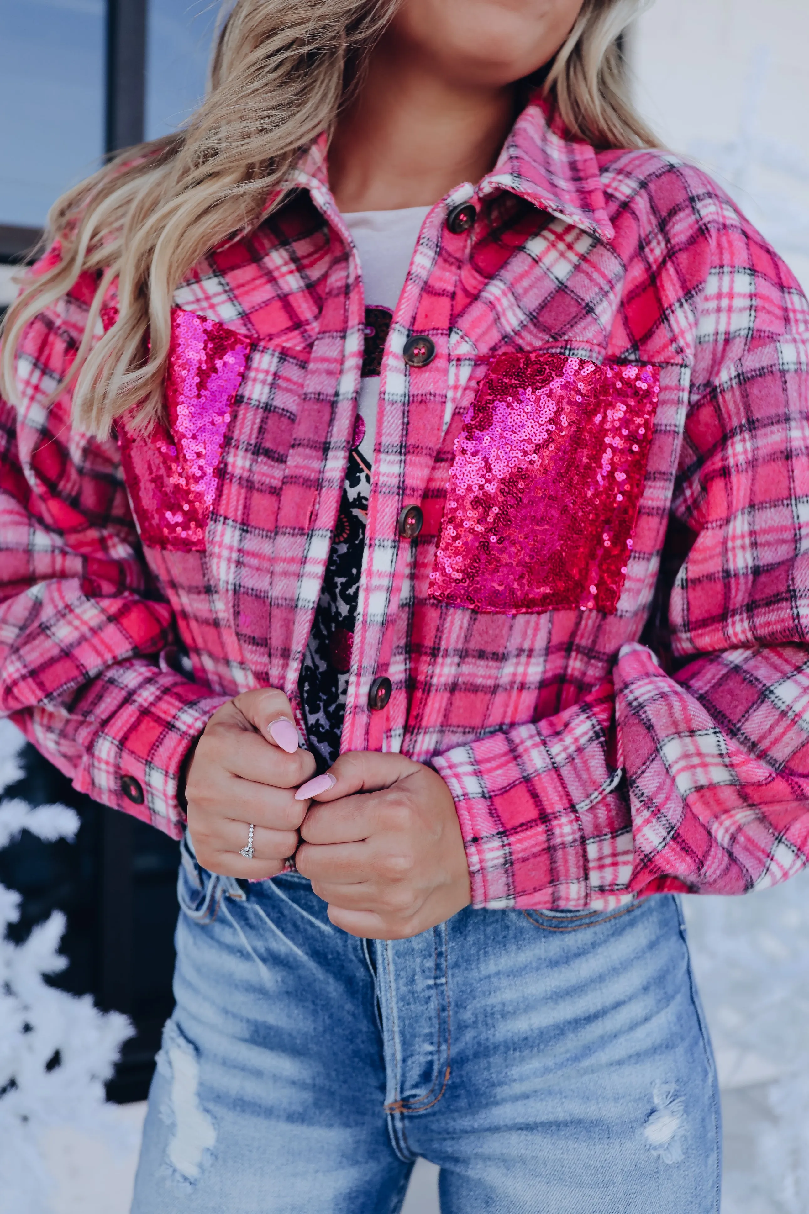 Lil' Bit Girly Sequin Cropped Shacket - Pink