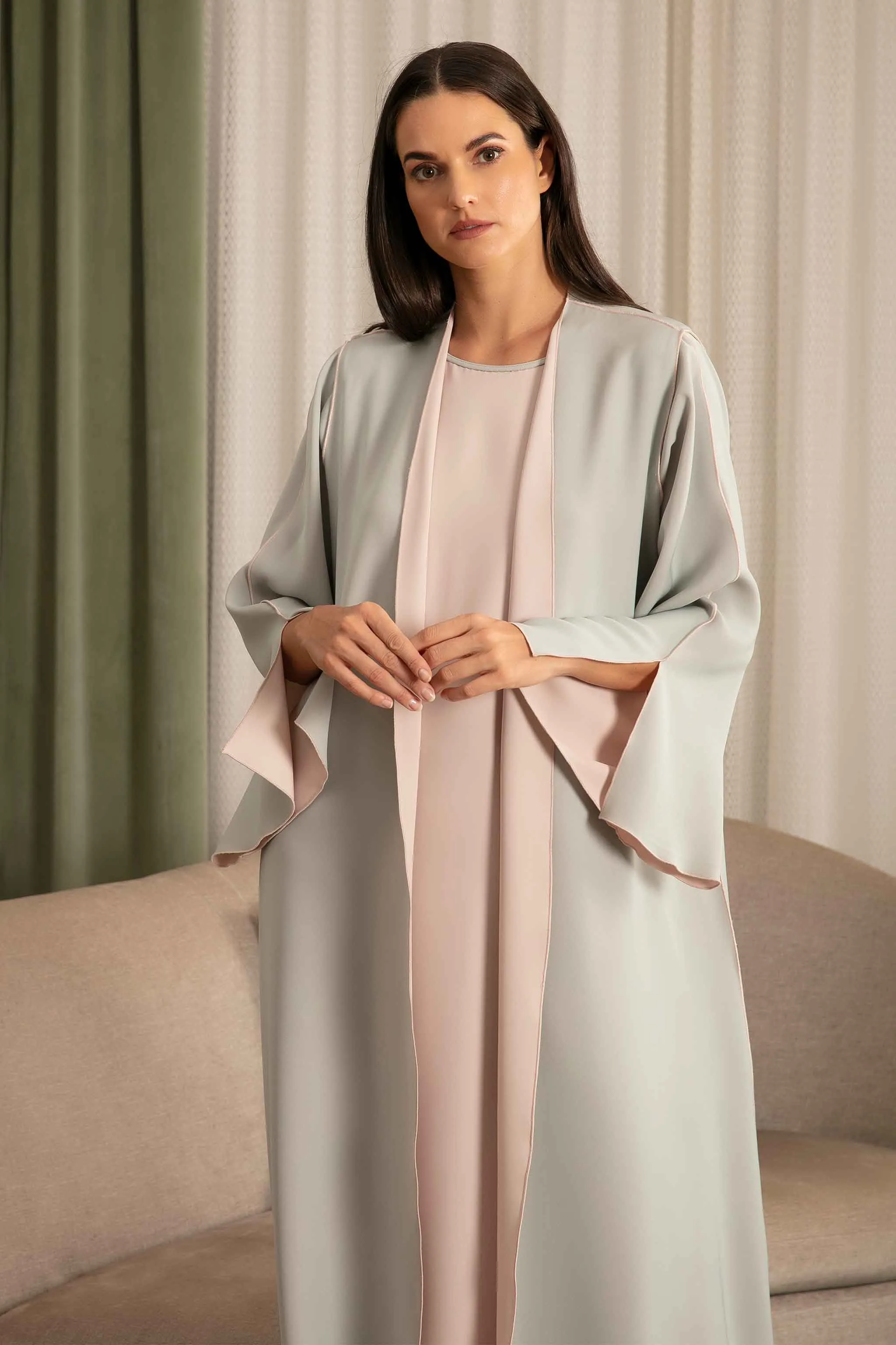 Luna Abaya in Light Tiffany Blue and Nude Pink