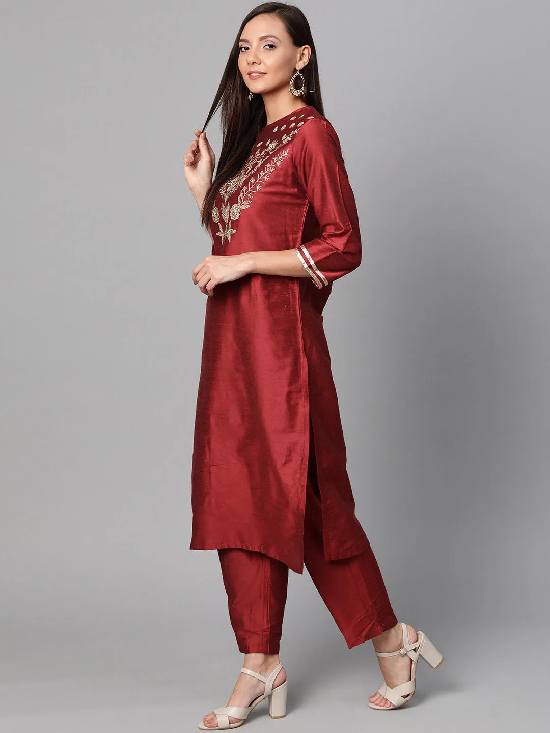 Maroon And Golden Yoke Design Kurta With Trousers