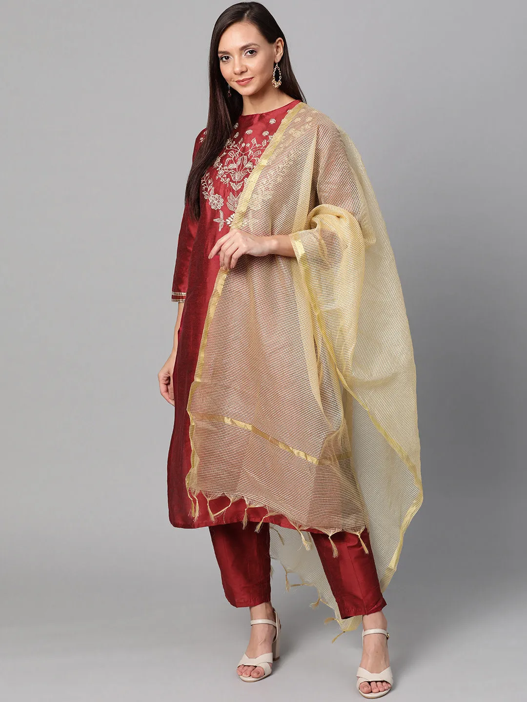 Maroon And Golden Yoke Design Kurta With Trousers