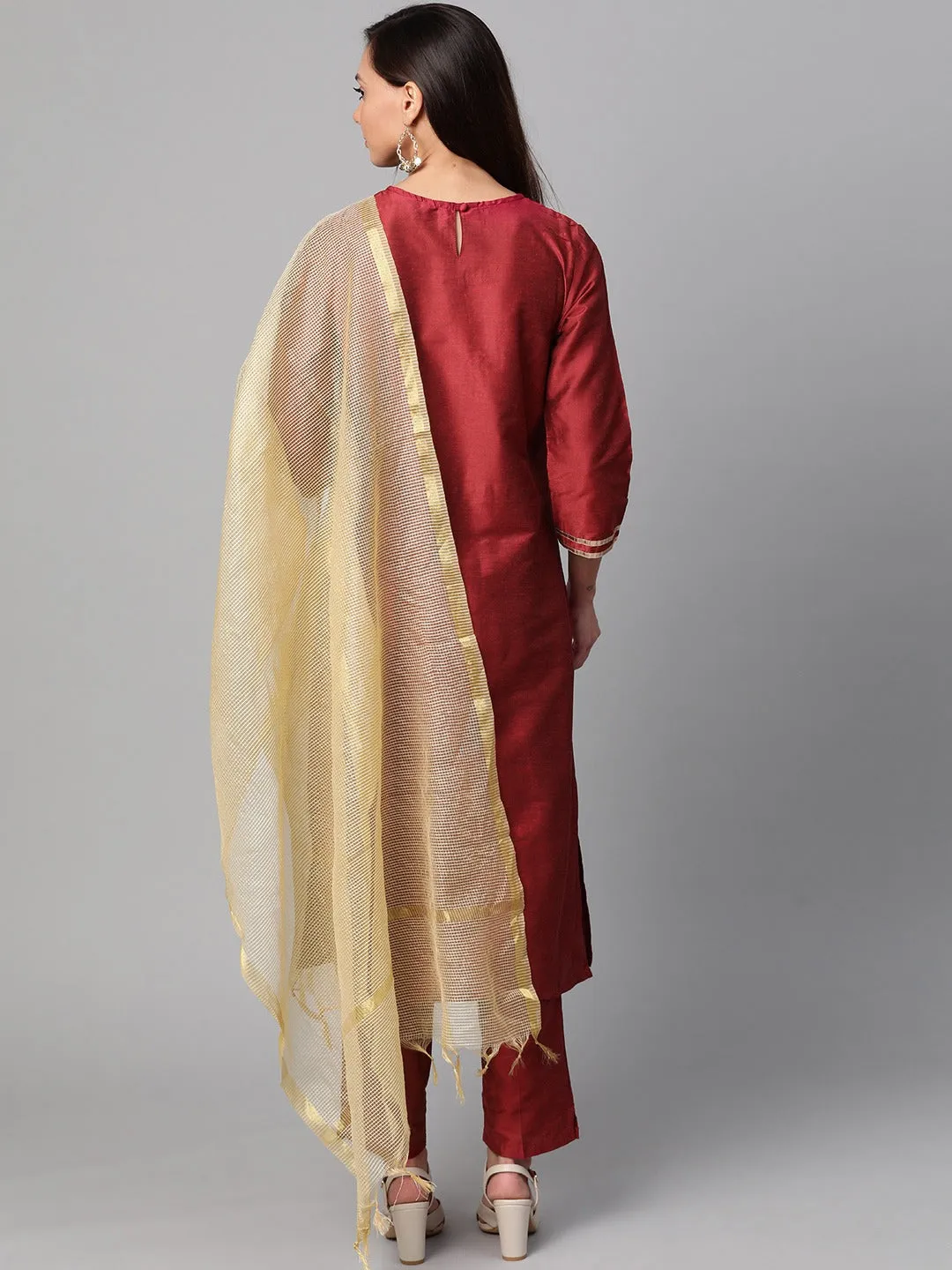 Maroon And Golden Yoke Design Kurta With Trousers