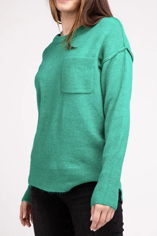 Melange Hi-Low Hem Round Neck Sweater - online exclusive