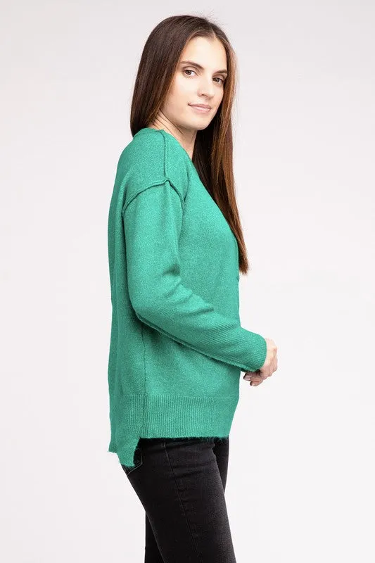 Melange Hi-Low Hem Round Neck Sweater - online exclusive