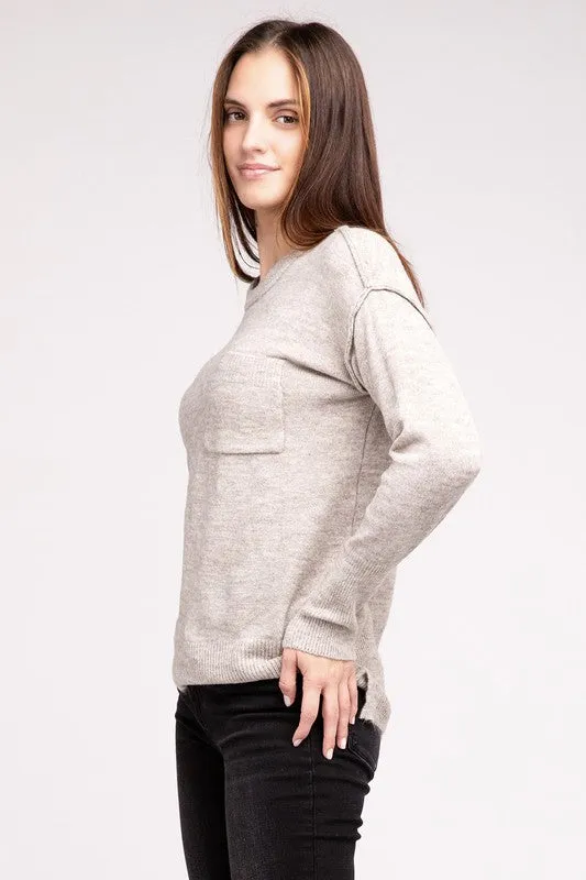 Melange Hi-Low Hem Round Neck Sweater - online exclusive