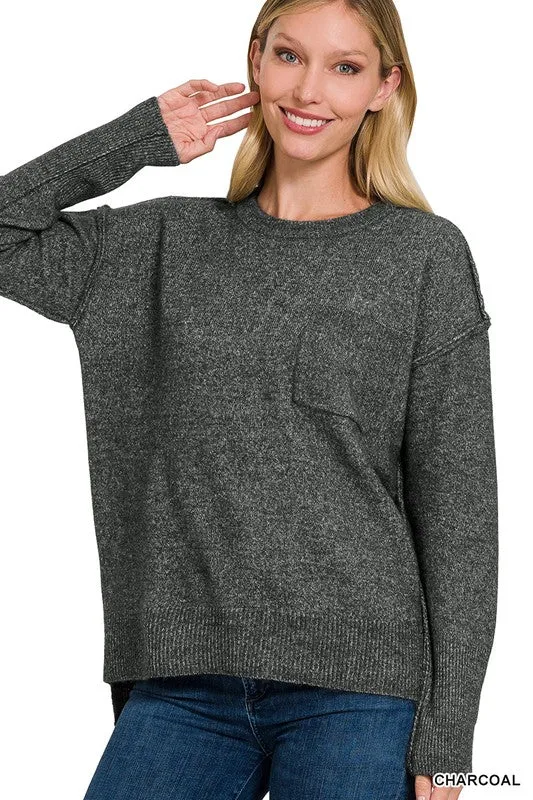 Melange Hi-Low Hem Round Neck Sweater - online exclusive