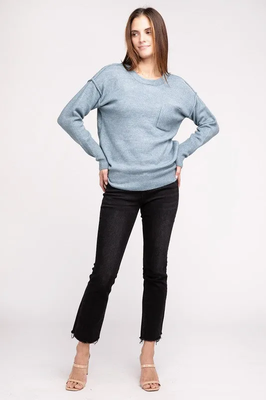 Melange Hi-Low Hem Round Neck Sweater - online exclusive