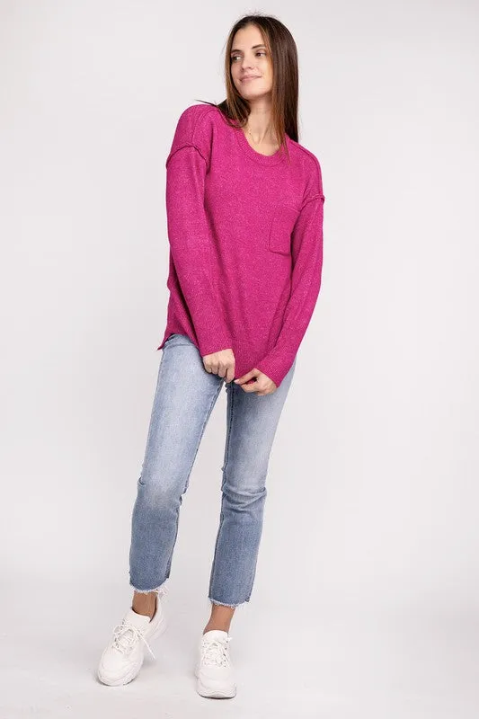 Melange Hi-Low Hem Round Neck Sweater - online exclusive