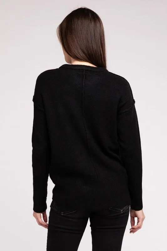 Melange Hi-Low Hem Round Neck Sweater - online exclusive