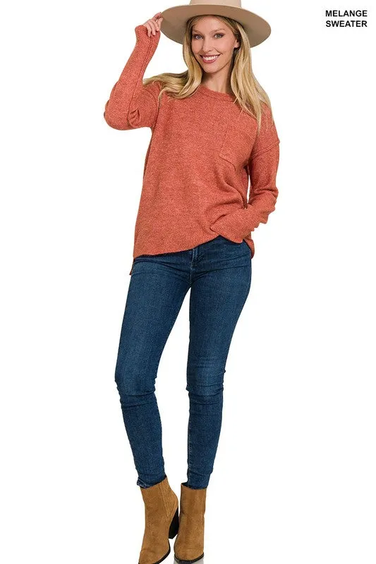 Melange Hi-Low Hem Round Neck Sweater - online exclusive