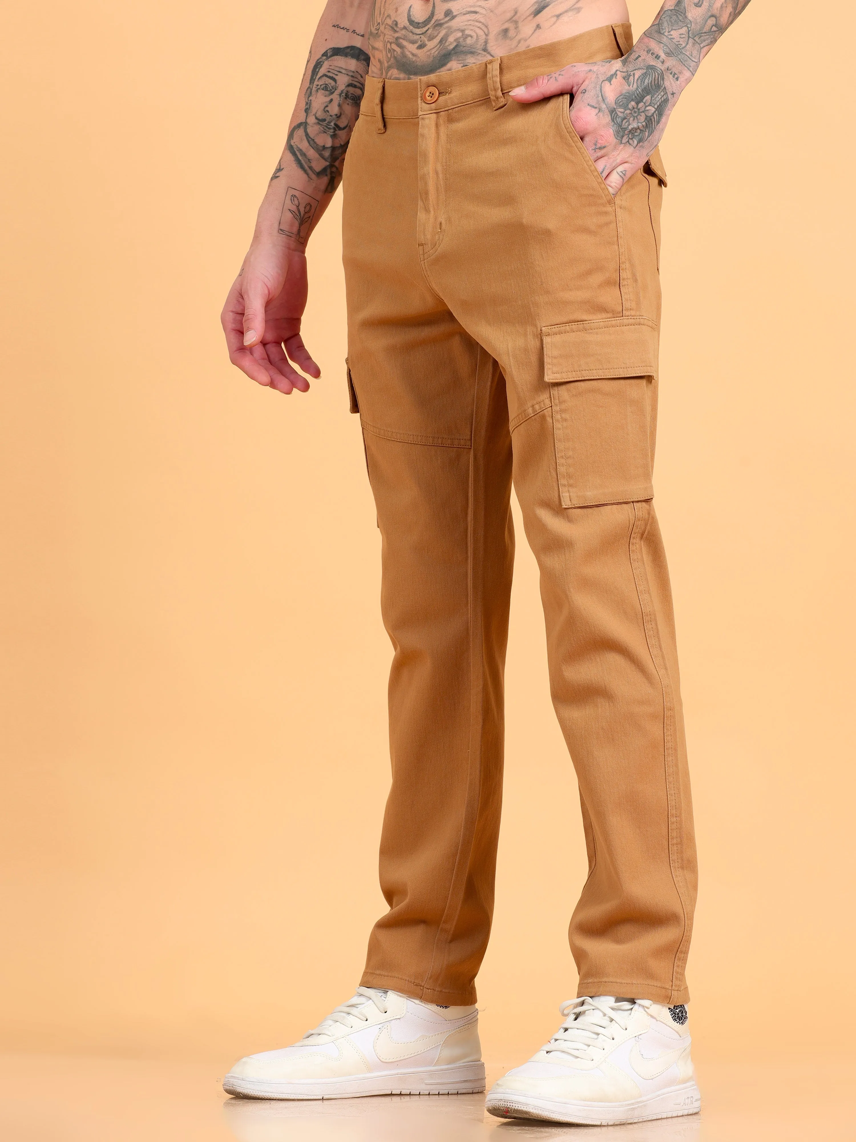 Men 2 Cotton Regular Fit Cargo Trousers, KHAKI BROWN