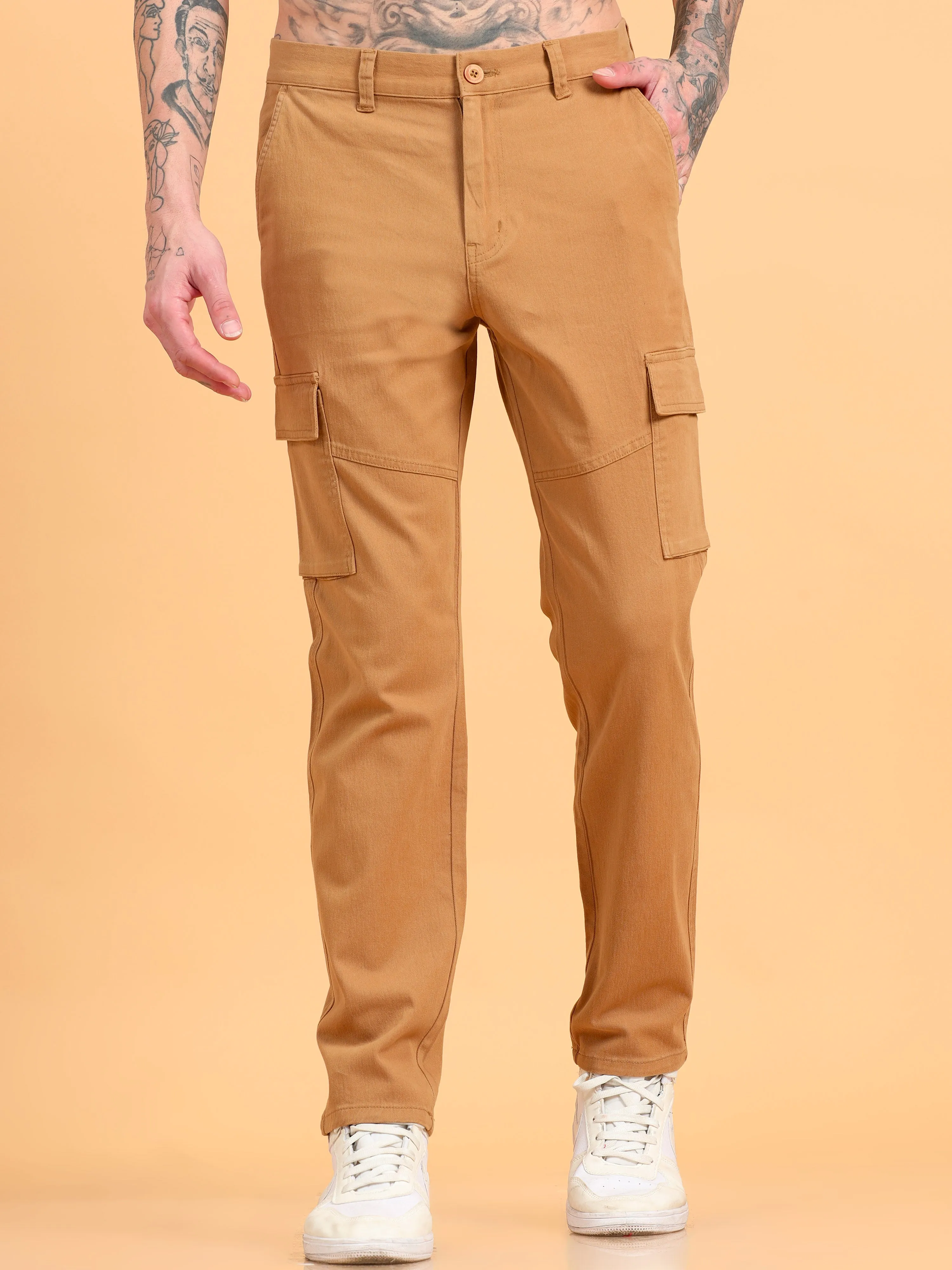 Men 2 Cotton Regular Fit Cargo Trousers, KHAKI BROWN