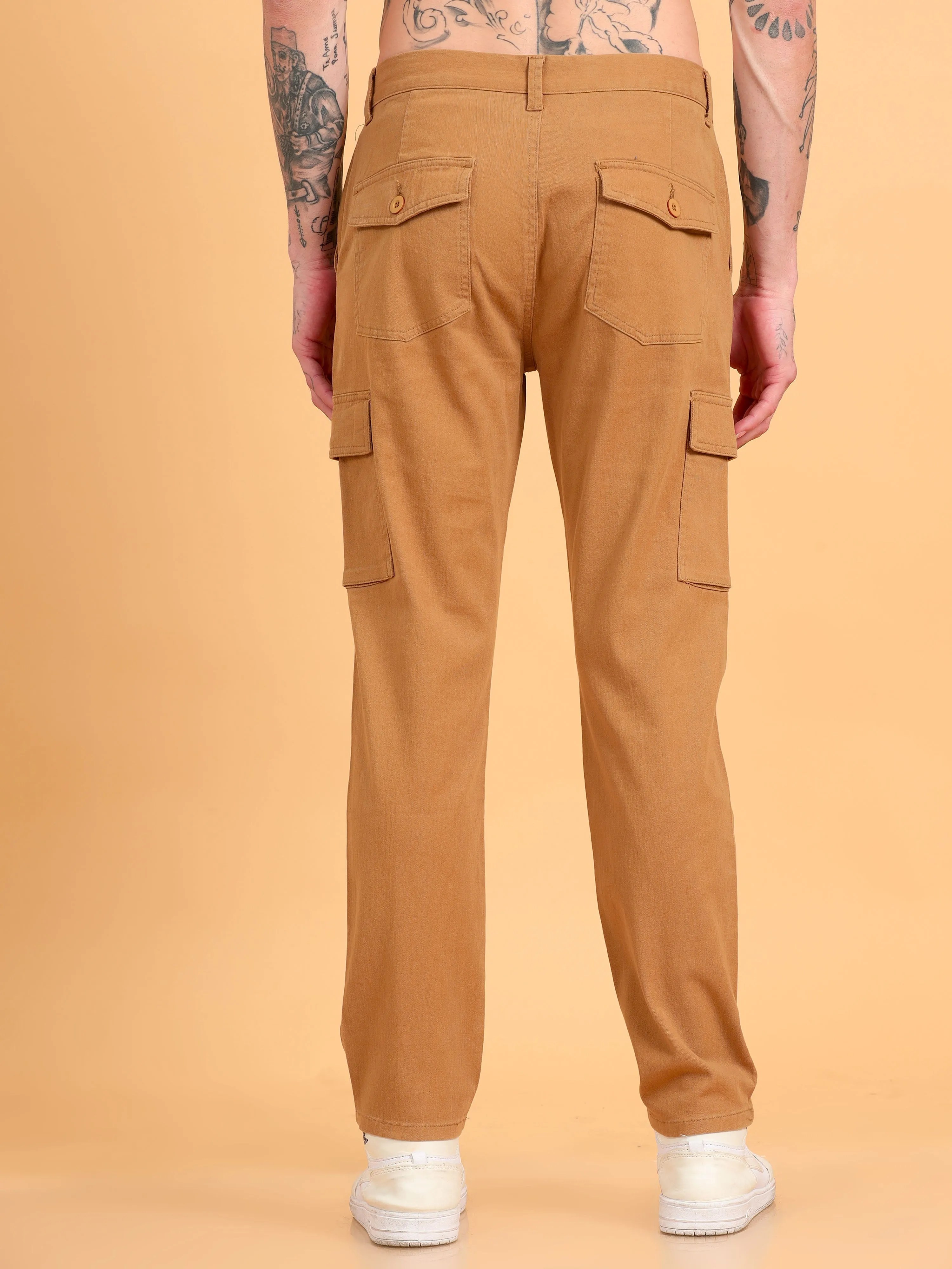 Men 2 Cotton Regular Fit Cargo Trousers, KHAKI BROWN