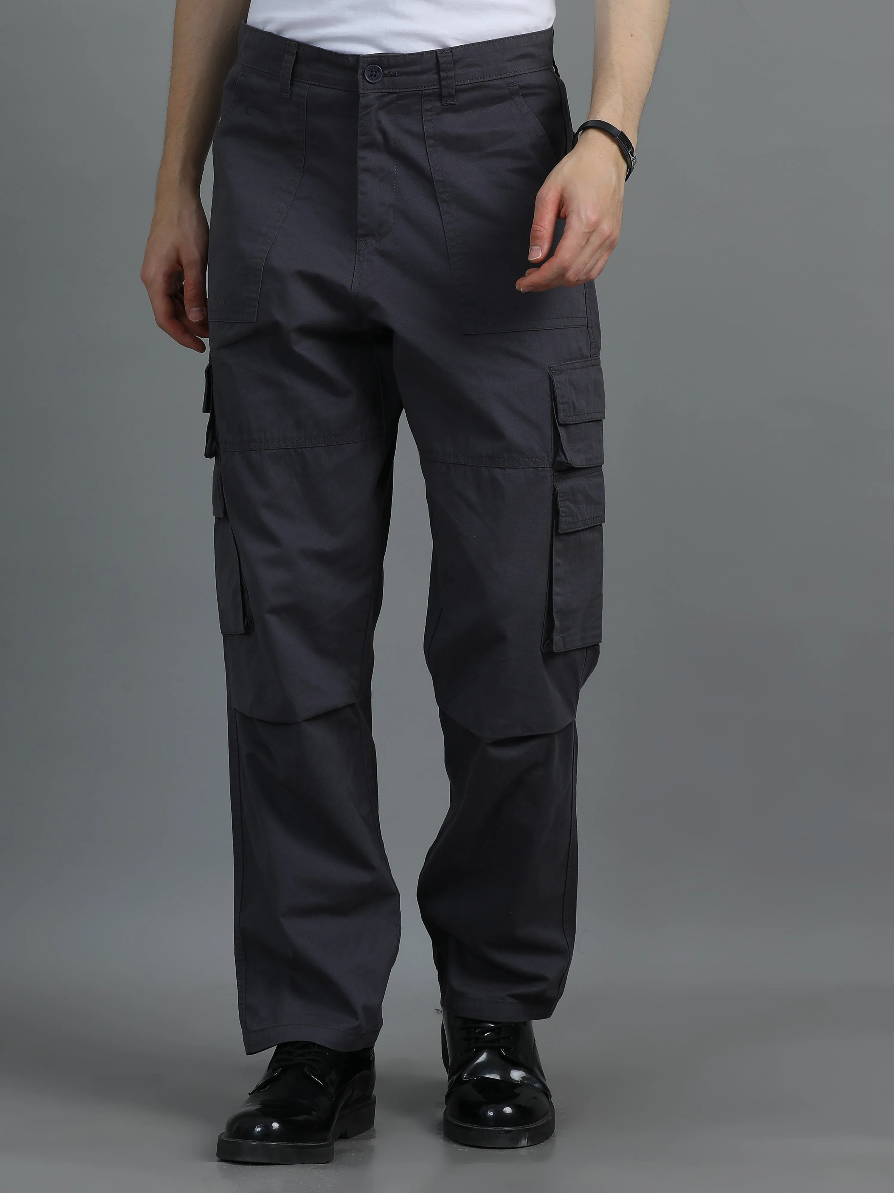 Men 2 Cotton Relaxed Fit Cargo Trousers, Charcoal Grey khakhi