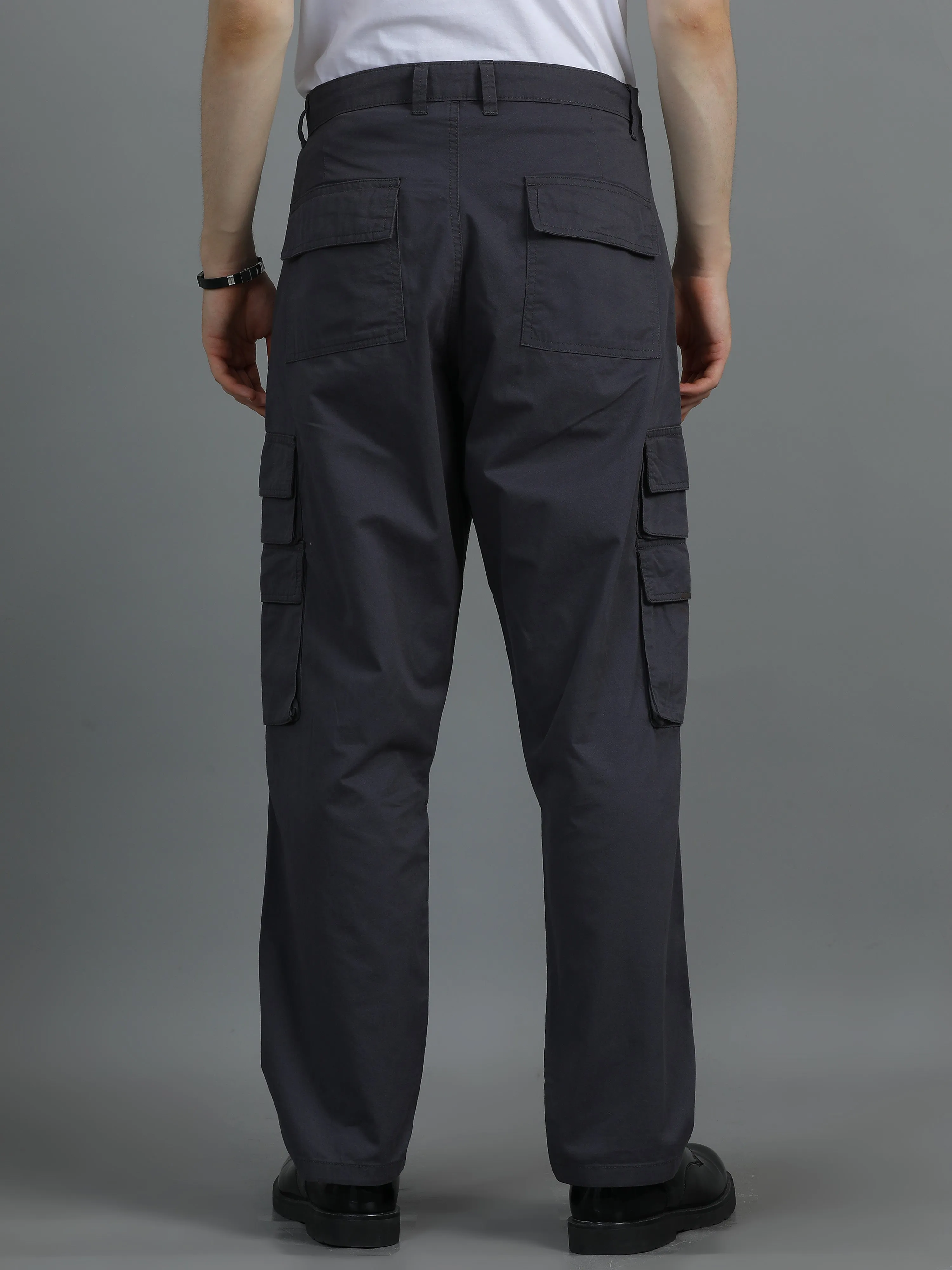 Men 2 Cotton Relaxed Fit Cargo Trousers, Charcoal Grey khakhi