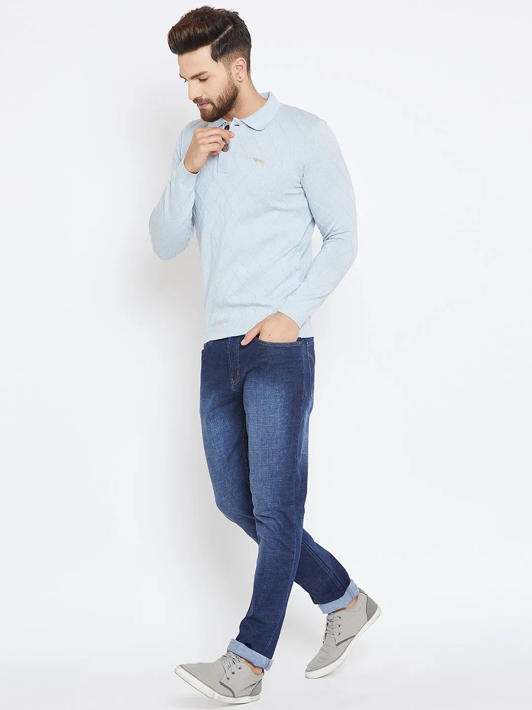 Men Blue Casual Solid Sweater