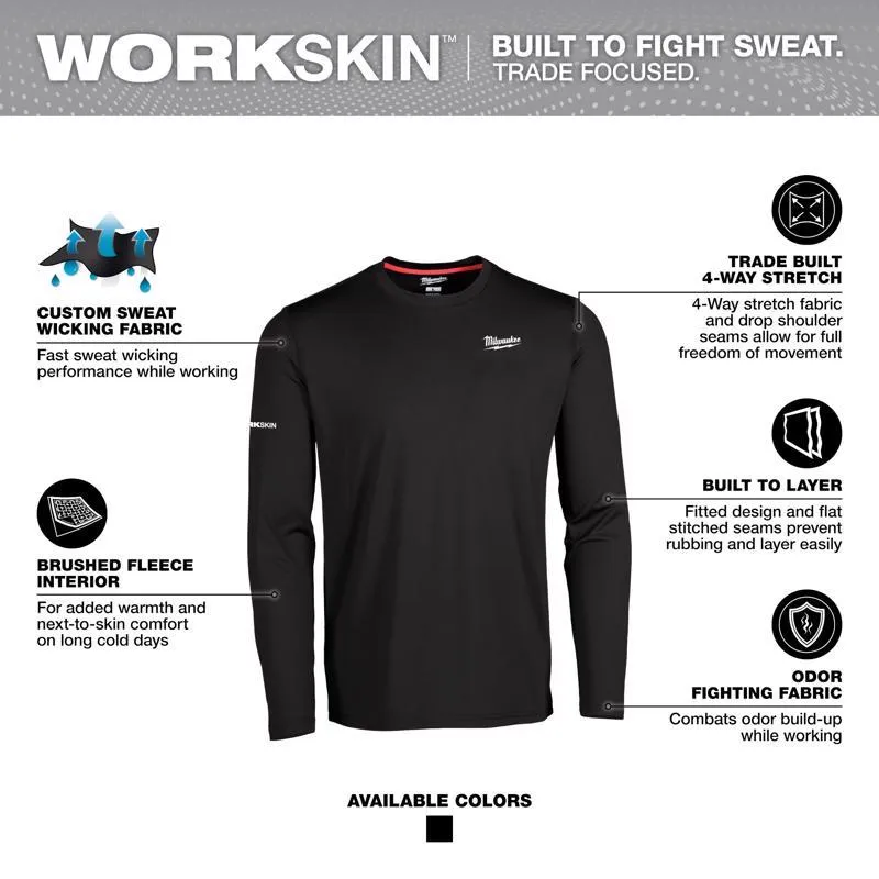 Milwaukee Workskin XL Long Sleeve Men's Crew Neck Black Midweight Base Layer Tee Shirt