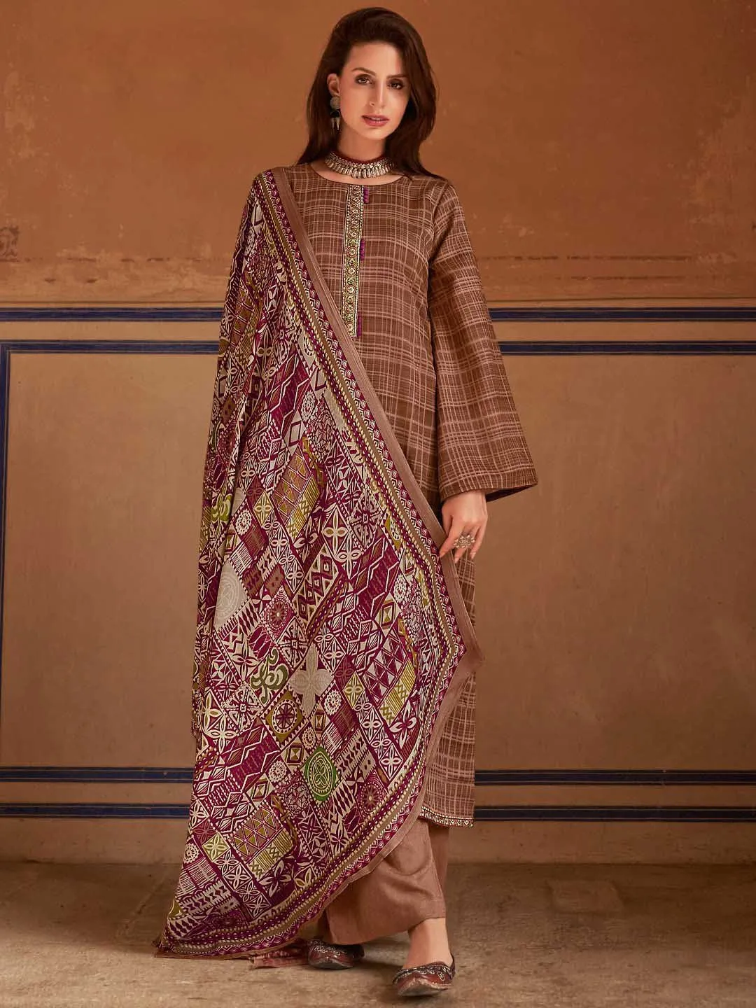 Mumtaz Arts Unstitched Brown Pashmina Winter Suit for Ladies