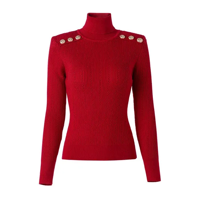 New Classic Turtlenecks Pullovers Long Sleeve Gold Buckle Sweater Women Winter Fall Casual Elasticity Knitting Top