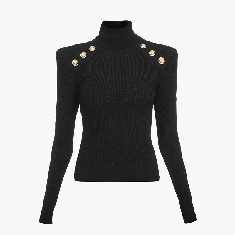 New Classic Turtlenecks Pullovers Long Sleeve Gold Buckle Sweater Women Winter Fall Casual Elasticity Knitting Top