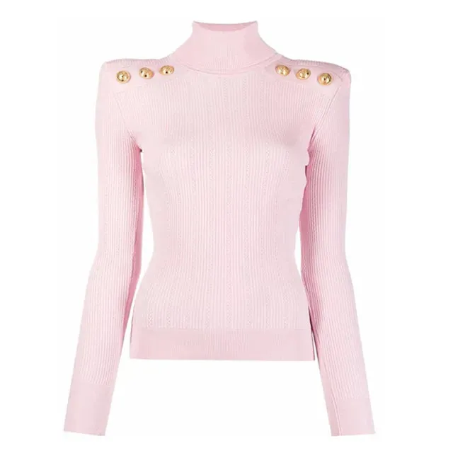 New Classic Turtlenecks Pullovers Long Sleeve Gold Buckle Sweater Women Winter Fall Casual Elasticity Knitting Top