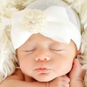 Newborn Infant Baby Hospital Hat with Large Bow and Pearls