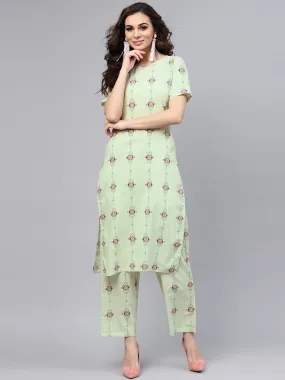 Pastel Green Printed Half Sleeve Staright Kurta With Pants