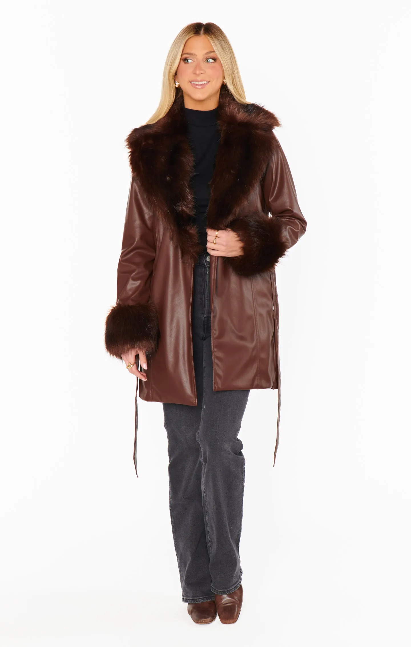 Penny Lane Coat ~ Cocoa Faux Leather with Faux Fur