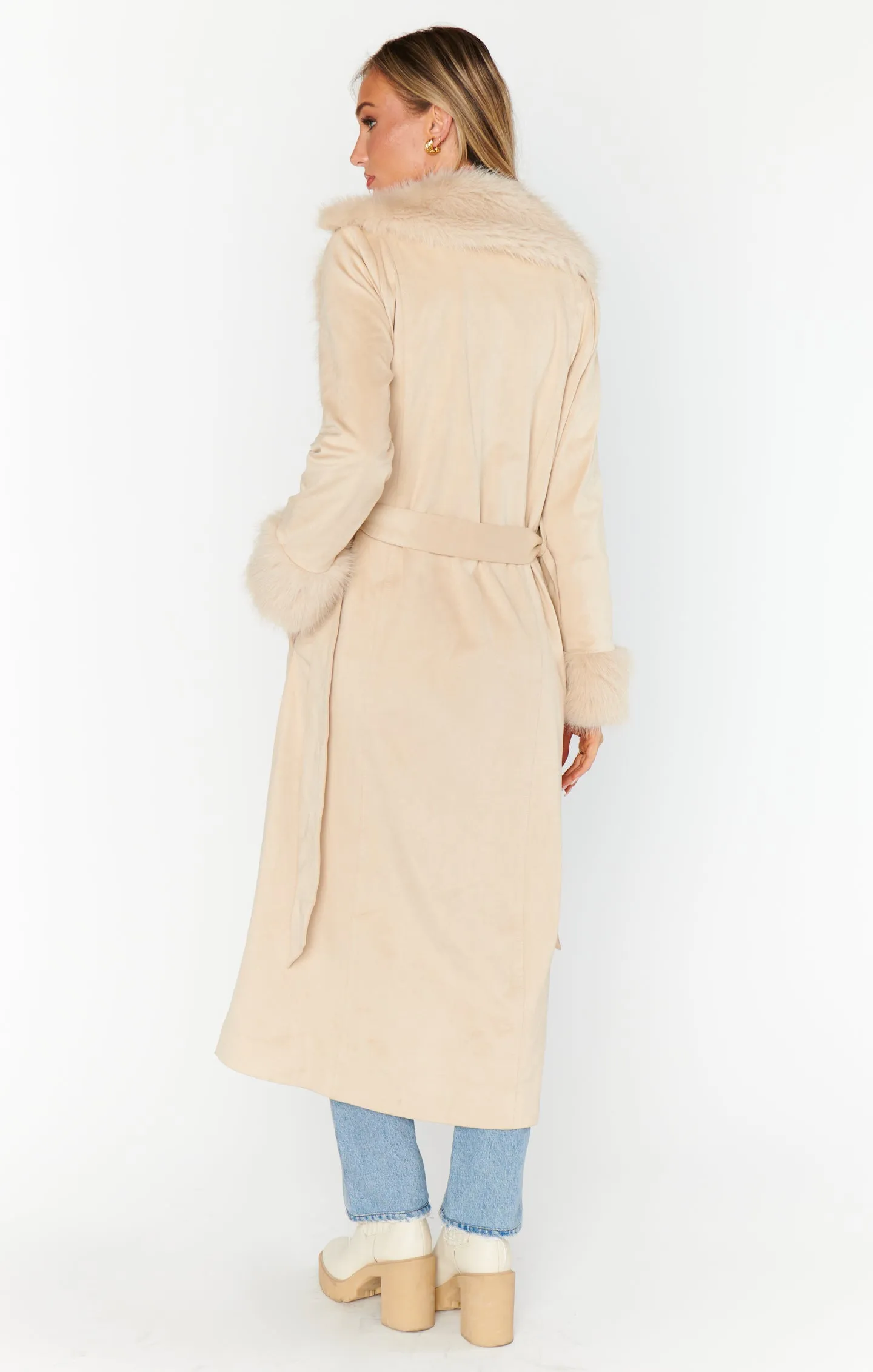 Penny Lane Long Coat ~ Beige Faux Suede with Faux Fur