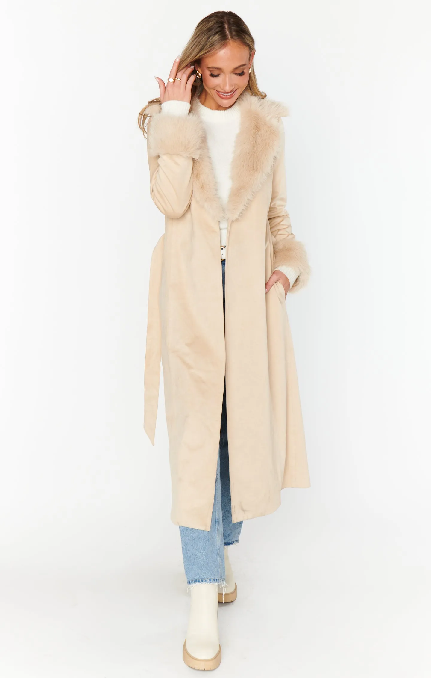 Penny Lane Long Coat ~ Beige Faux Suede with Faux Fur