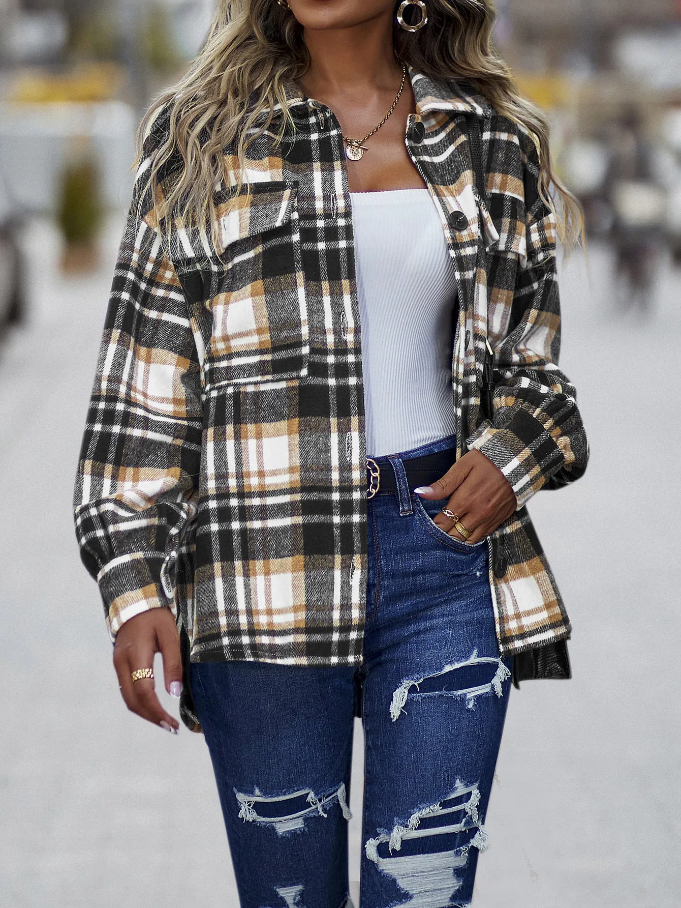 Plaid Drop Shoulder Shacket with Breast Pockets