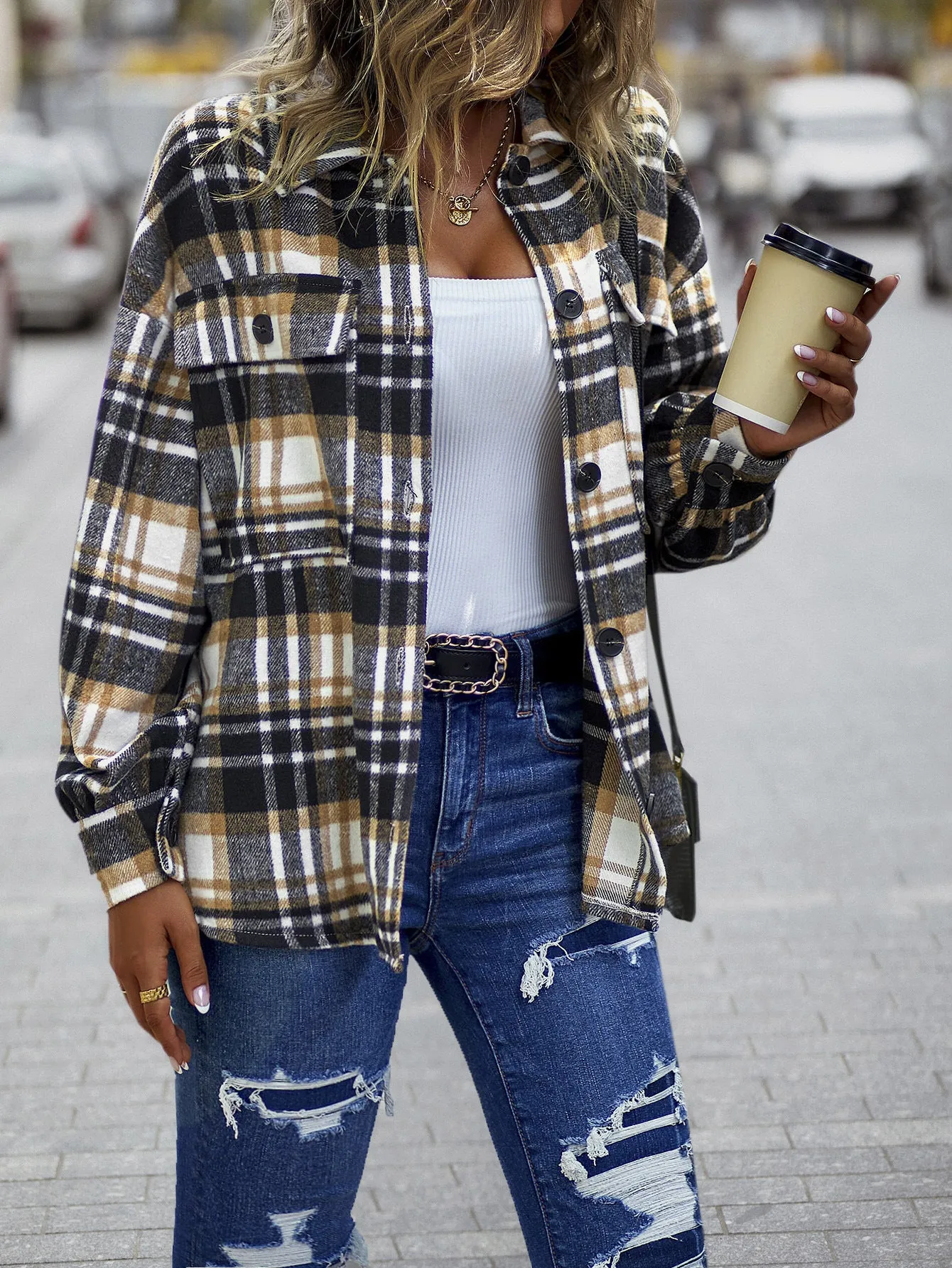 Plaid Drop Shoulder Shacket with Breast Pockets