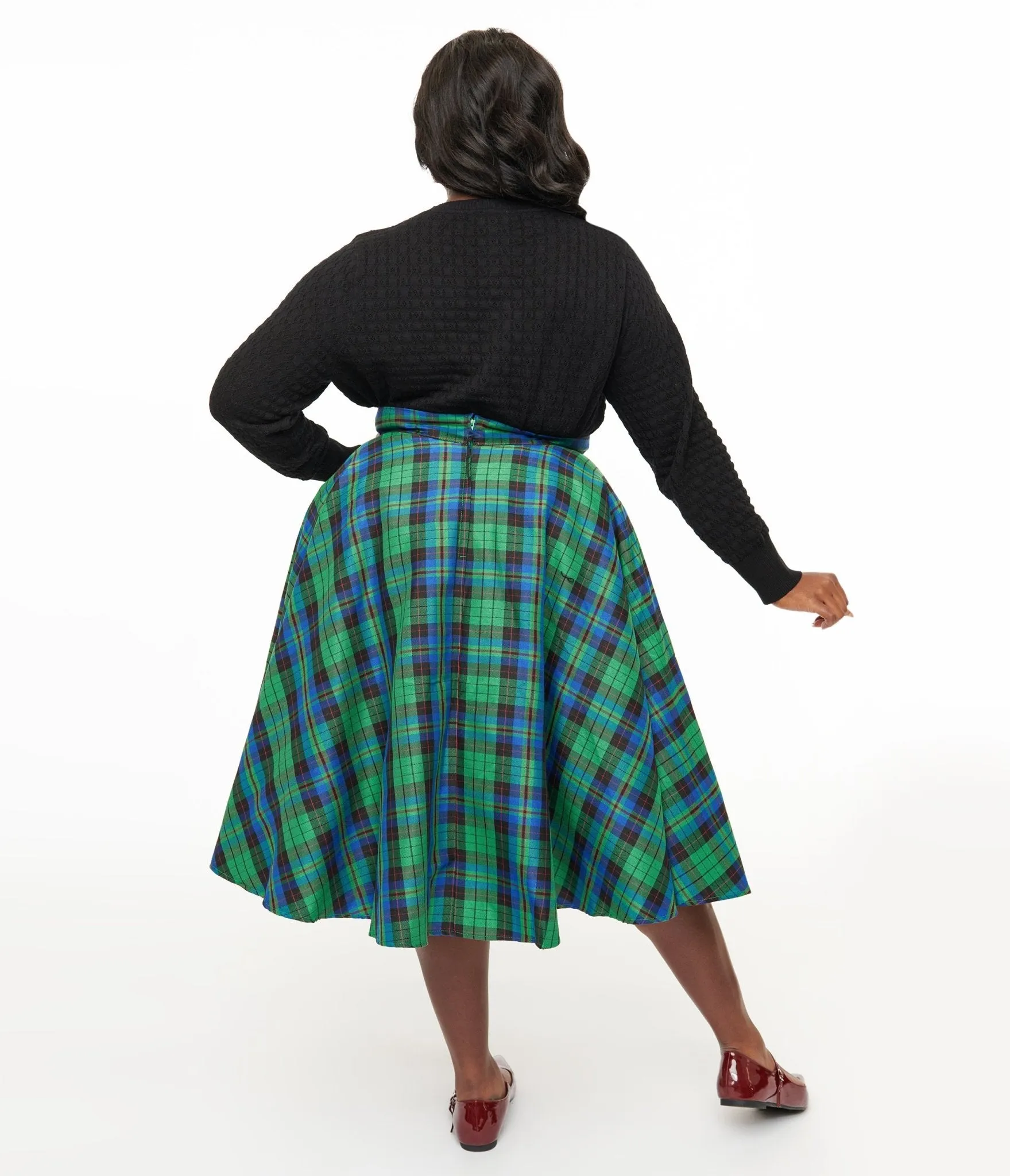 Plus Size 1950s Green & Blue Winter Check Swing Skirt