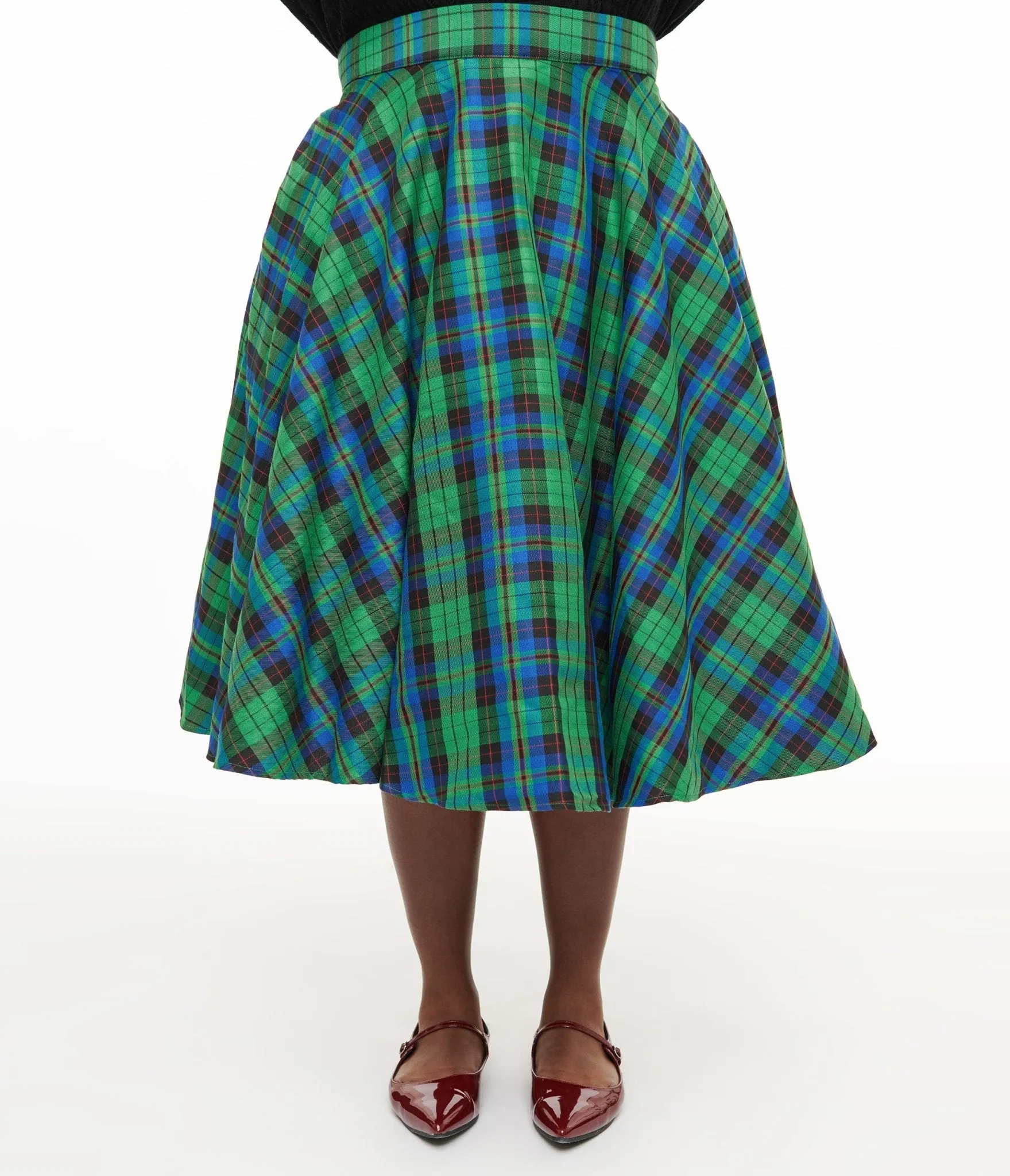 Plus Size 1950s Green & Blue Winter Check Swing Skirt