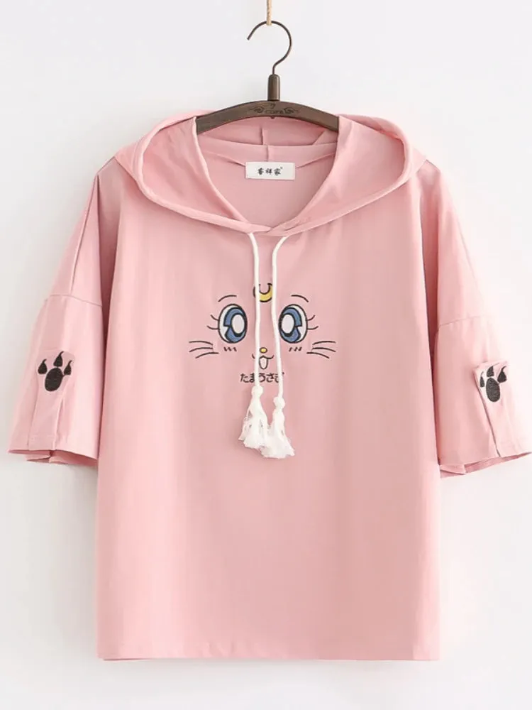 Purple Cartoon Embroidery Kawaii Hoodies Cotton Hooded Sweatshirt Women Summer Sweet Style Korean Female Short Sleeve Tops