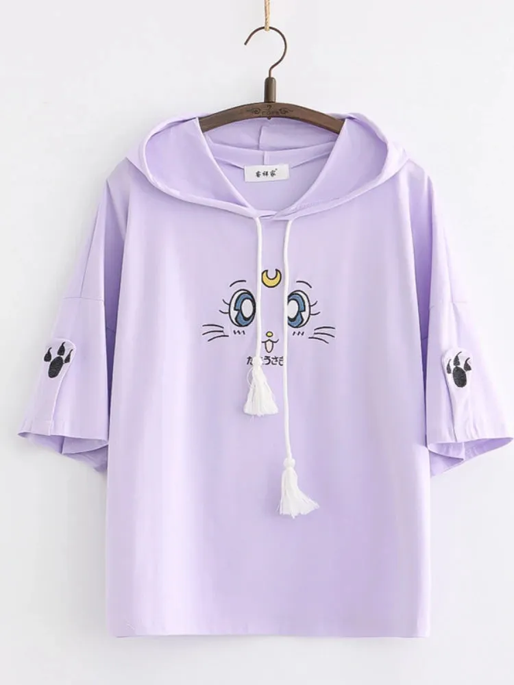 Purple Cartoon Embroidery Kawaii Hoodies Cotton Hooded Sweatshirt Women Summer Sweet Style Korean Female Short Sleeve Tops