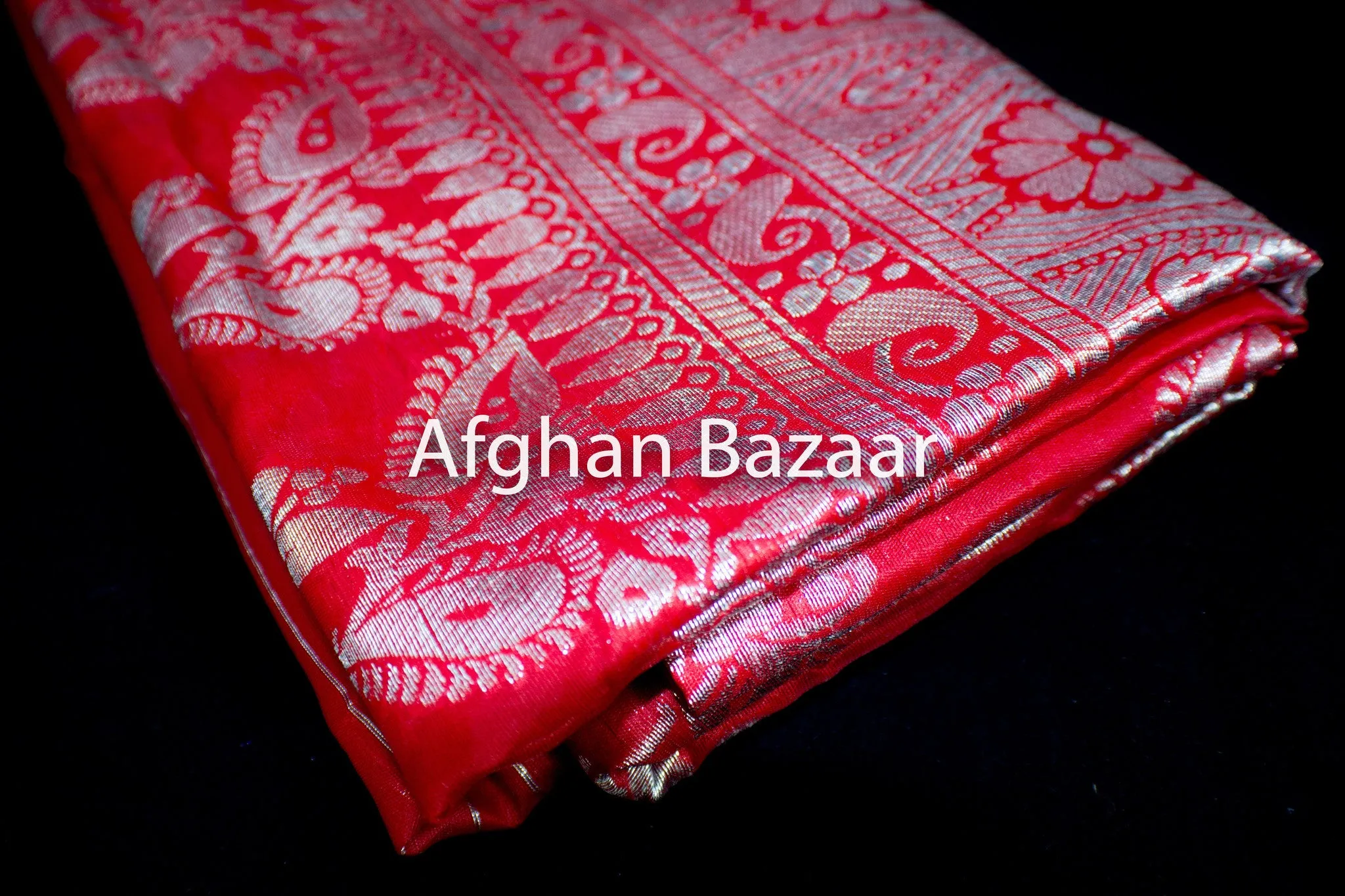 Red and Silver Shawl Banarasi