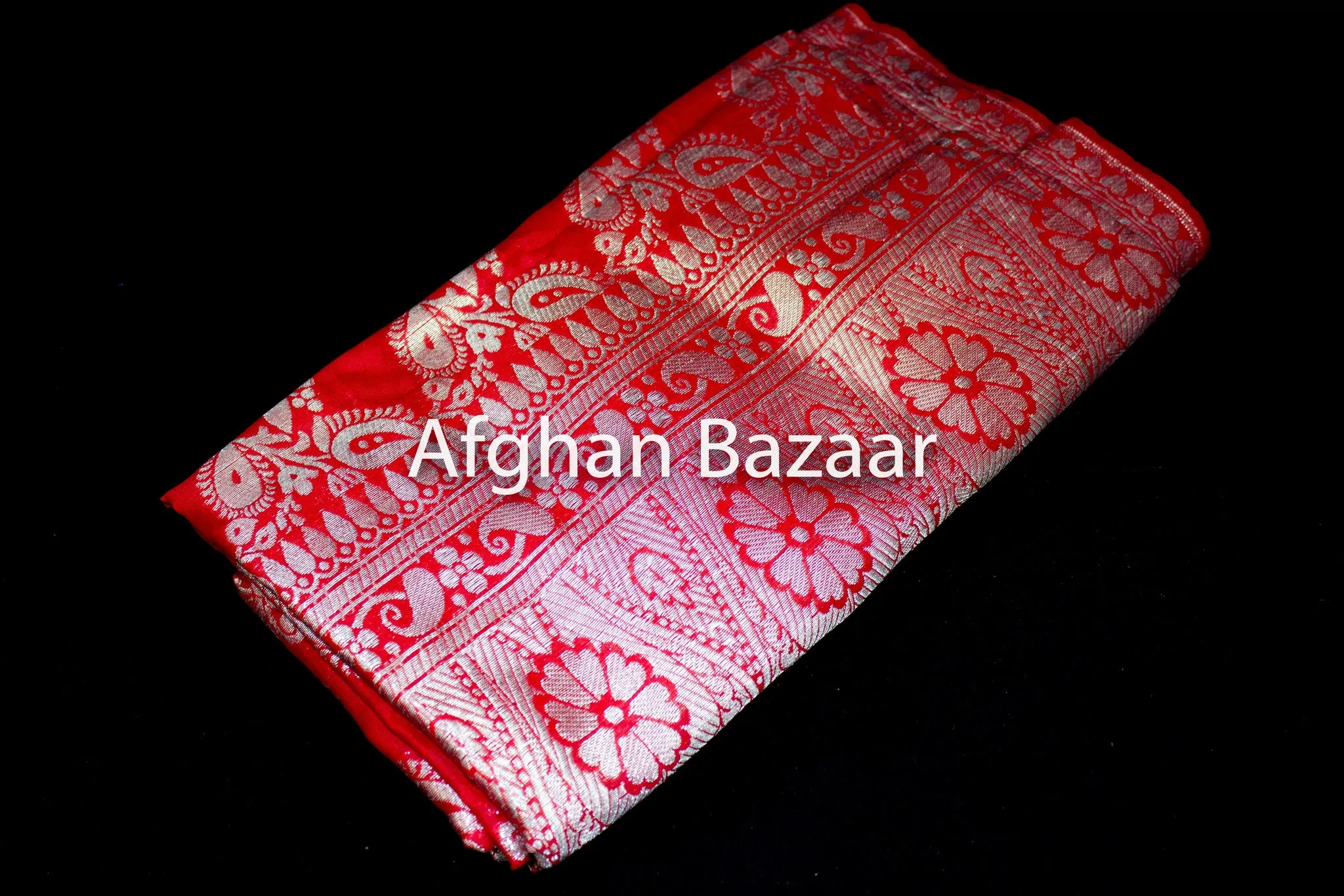 Red and Silver Shawl Banarasi